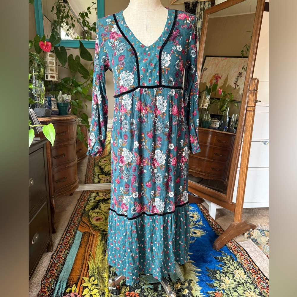 Haley London Made With Care Boho Turquoise Maxi Dress Red Pink Floral Size Large
